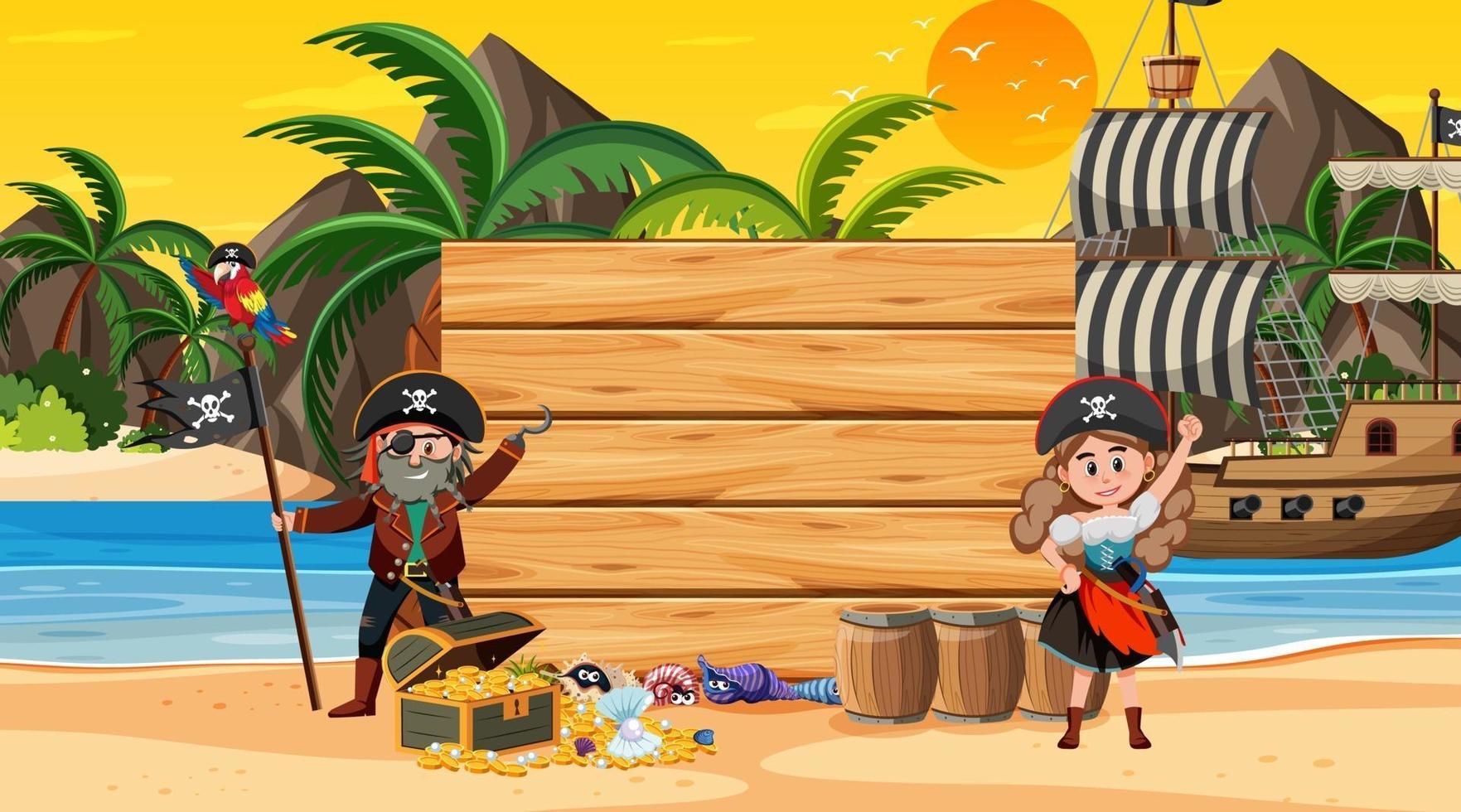 Empty banner template with pirates at the beach sunset scene vector
