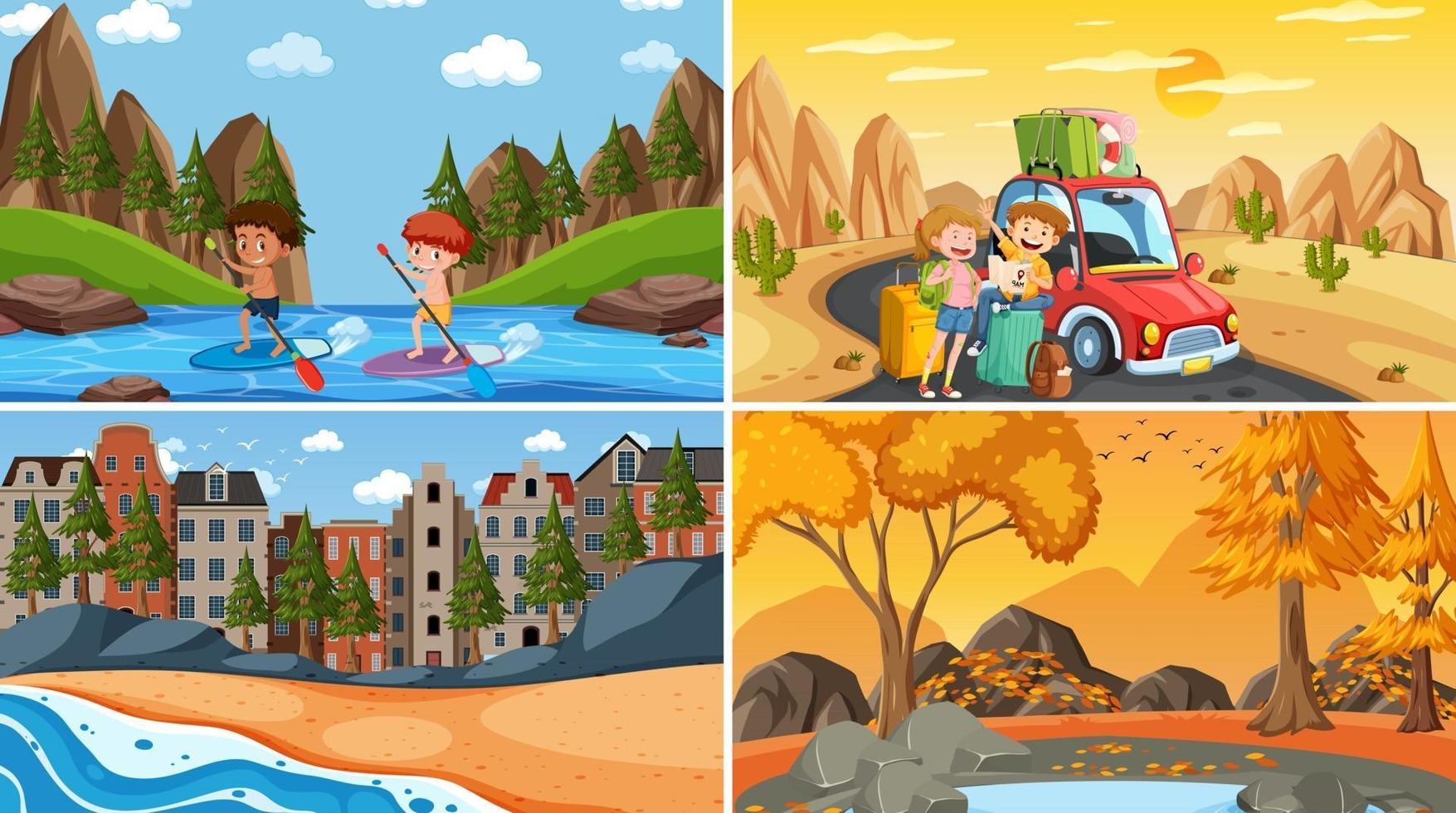 Set of different nature scenes cartoon style vector