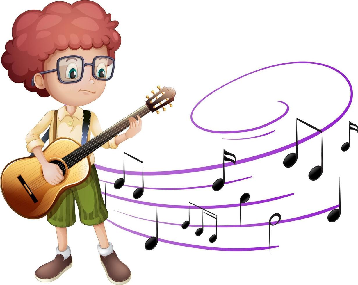 Cartoon character of a boy playing guitar with melody symbols vector