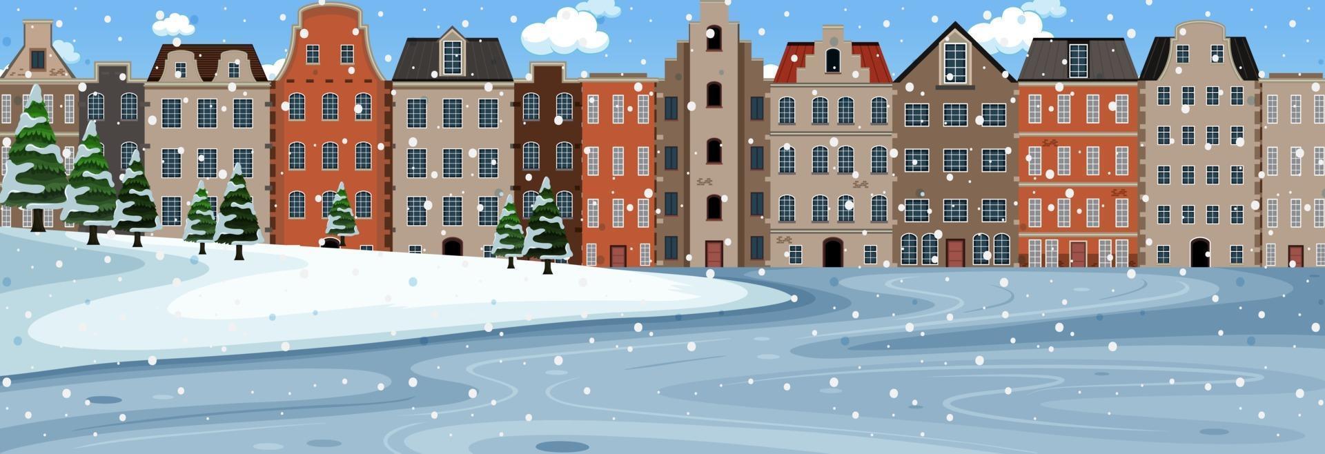 Snow falling scene at day time with suburban buildings background vector