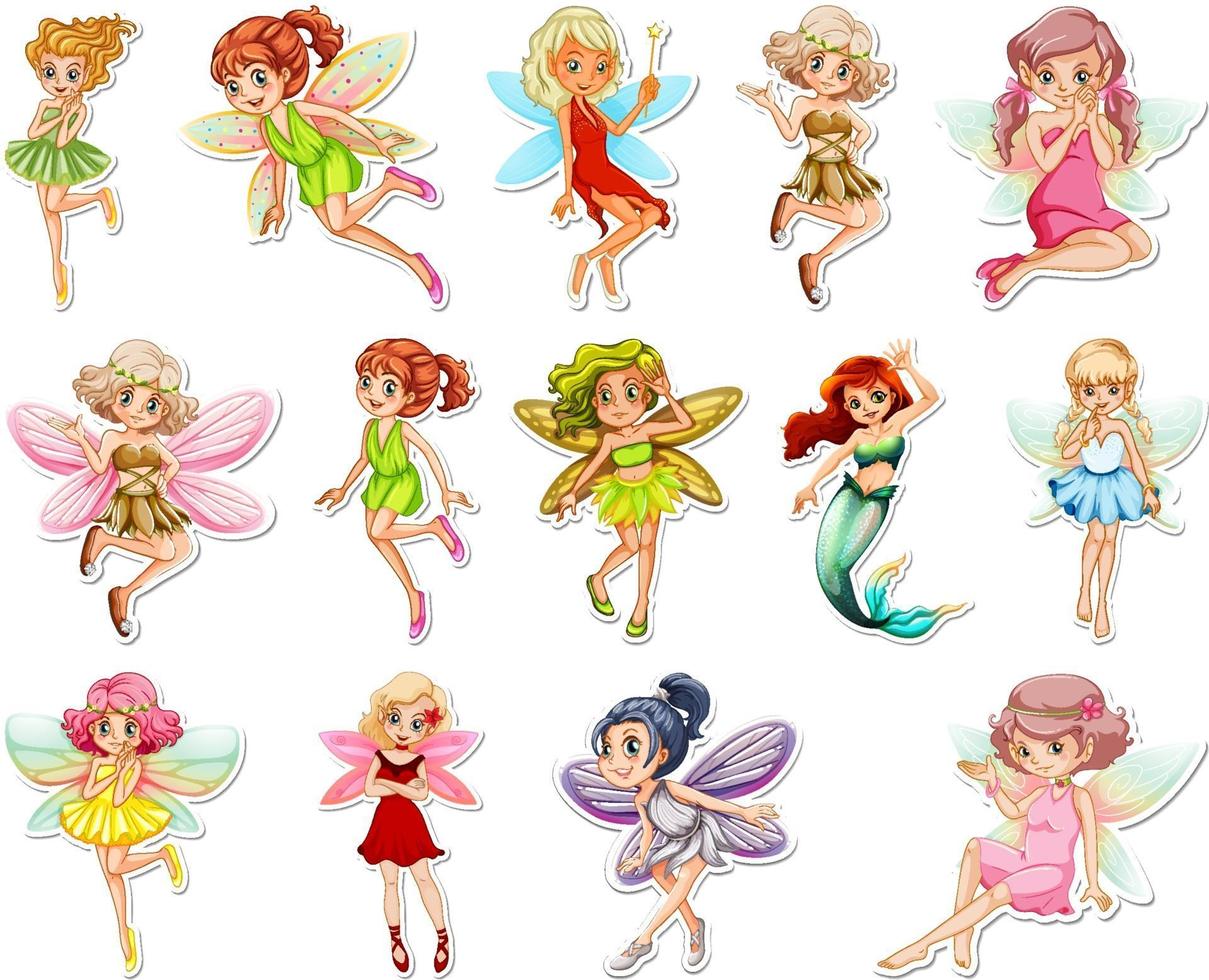 Set of stickers with beautiful fairies and mermaid cartoon character vector
