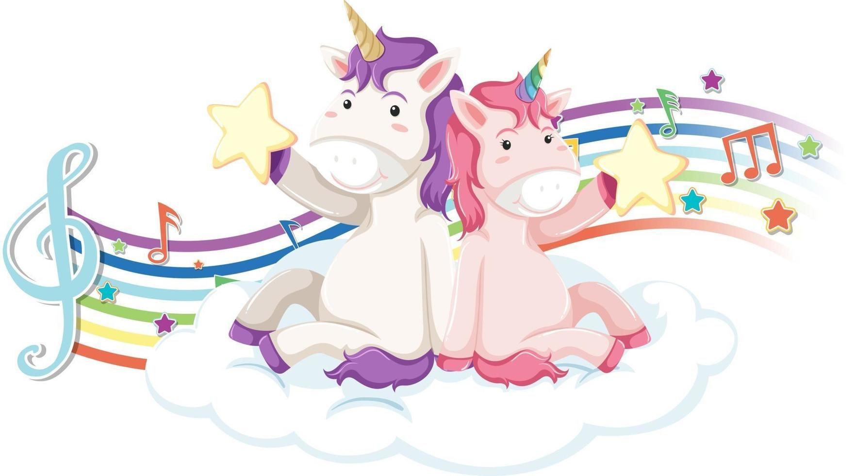 Two unicorns with melody symbols on rainbow vector