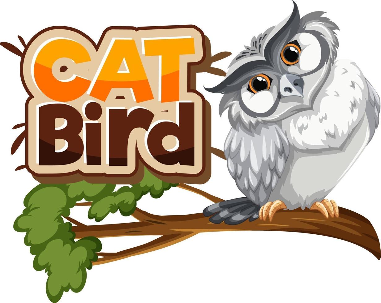 White owl on branch character with Cat Bird font banner isolated vector