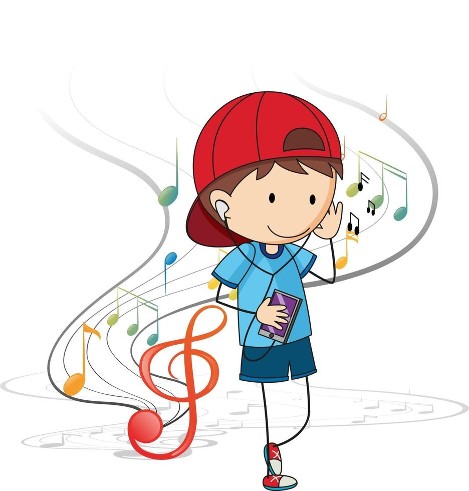 Doodle personaje de dibujos animados de un niño escuchando música con melodía musical vector