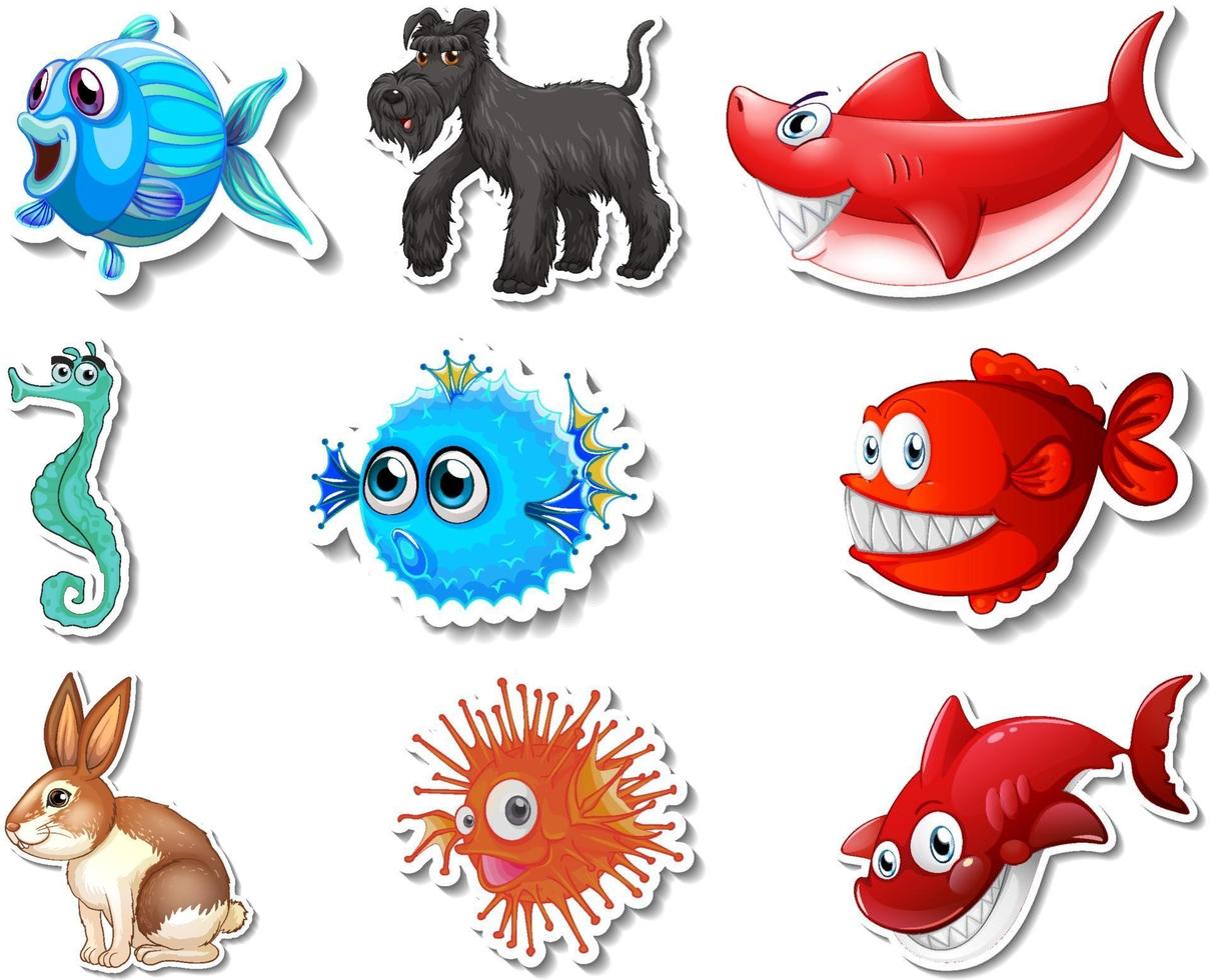 Set of stickers with sea animals and dogs cartoon character vector