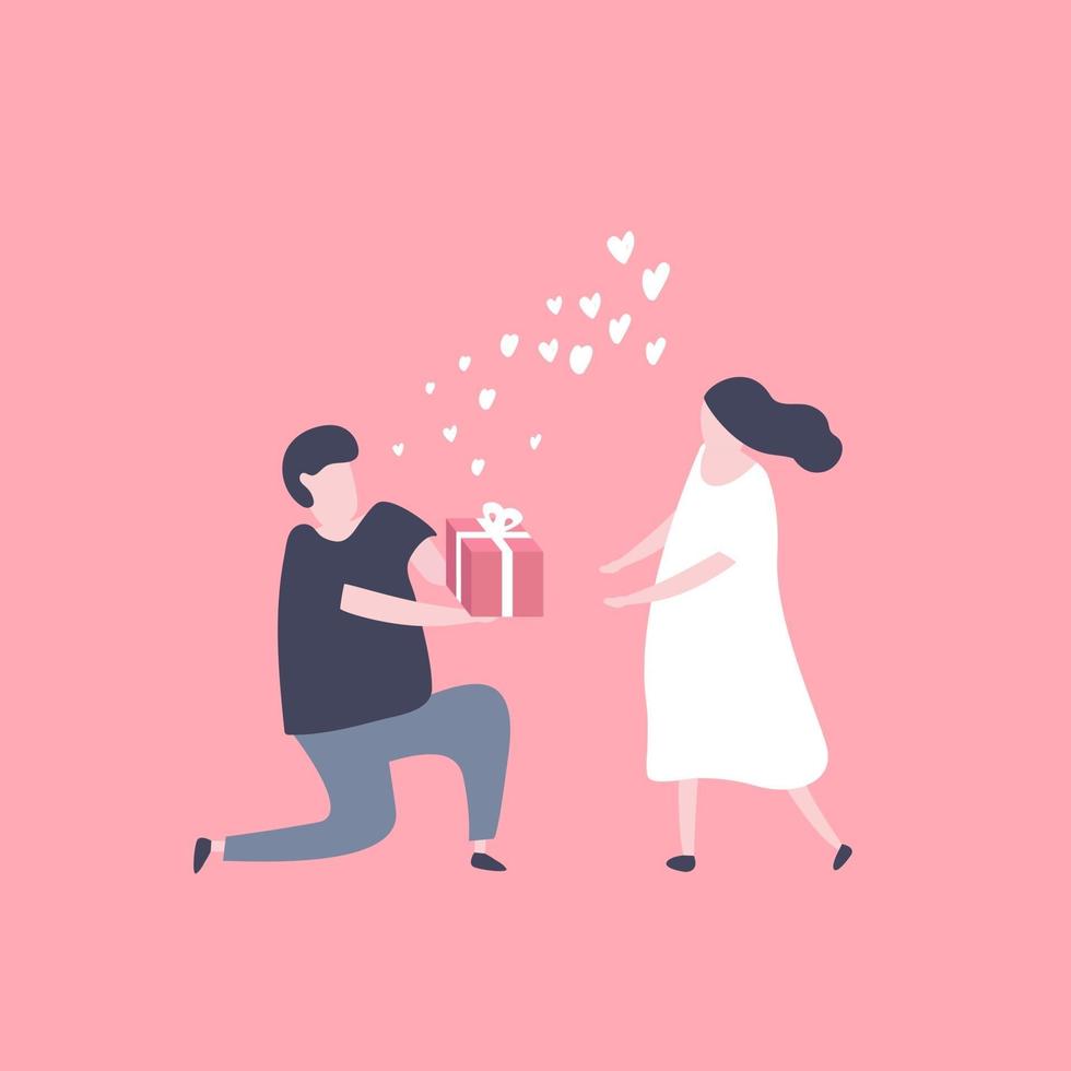 Man kneeling down and give a gift box to pretty woman. vector