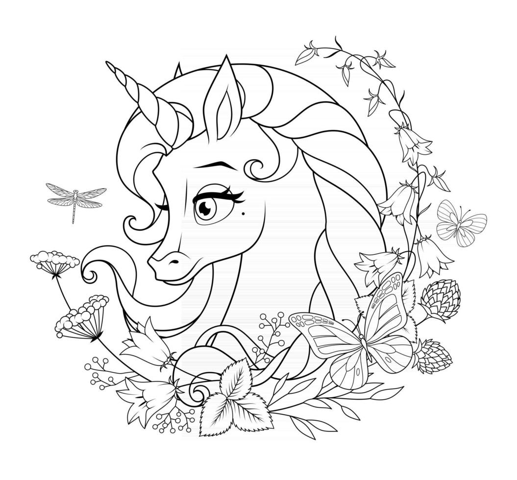 Hermoso unicornio rodeado de flores vector página para colorear