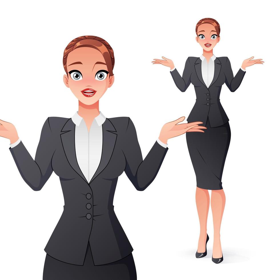 Questioning businesswoman shrugging shoulders vector illustration