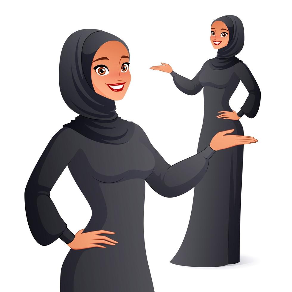 Mujer árabe en hijab presentando ilustración vectorial vector