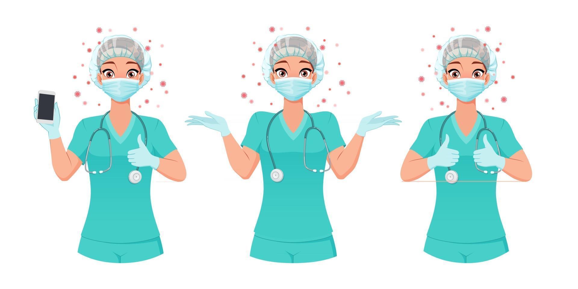 Nurse in mask hat and gloves in various poses vector illustration