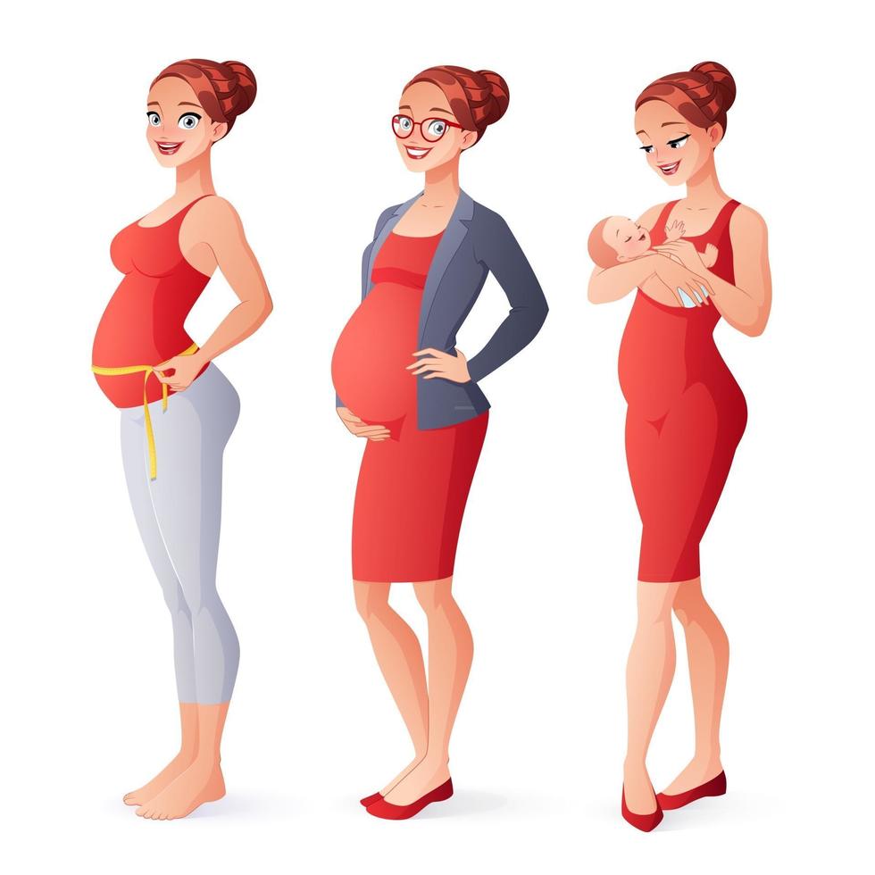 Pregnant working woman measuring belly mother with newborn vector set