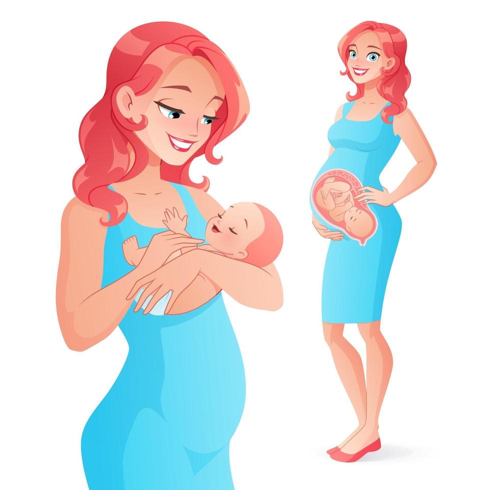 Embarazo y madre con ilustración de vector de bebé recién nacido