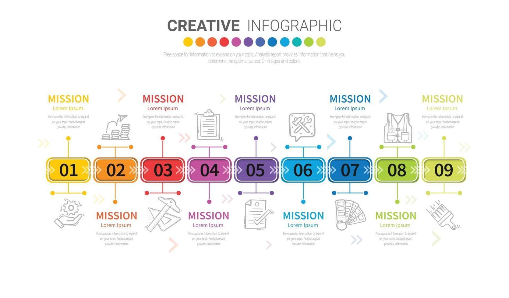 Plantilla de infografías abstractas con 9 pasos. ilustración vectorial. vector