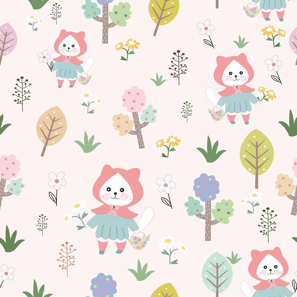 Cute kitty cat in sweet garden cartoon seamless pattern vector