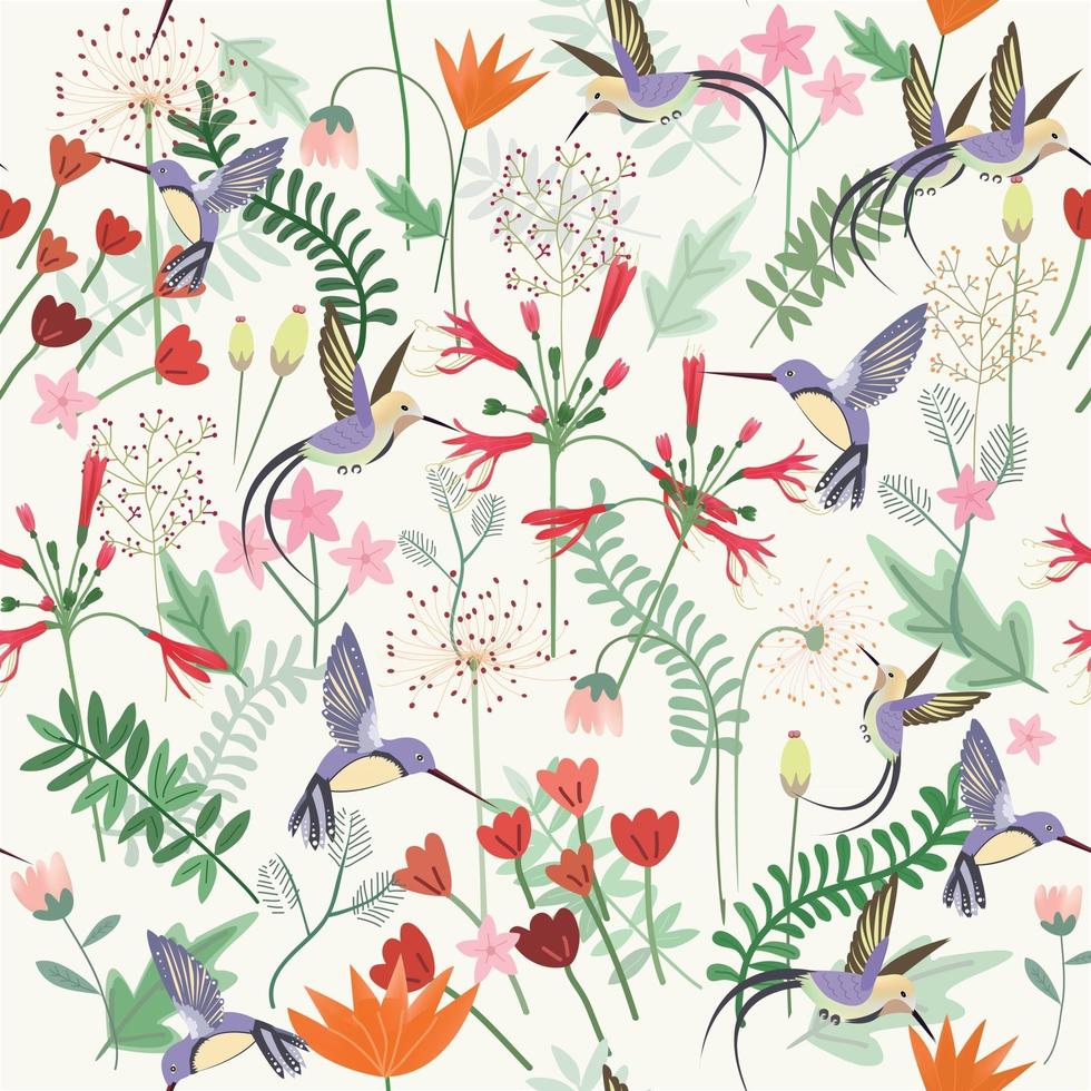 Violet hummingbird in fantasy forest seamless pattern vector