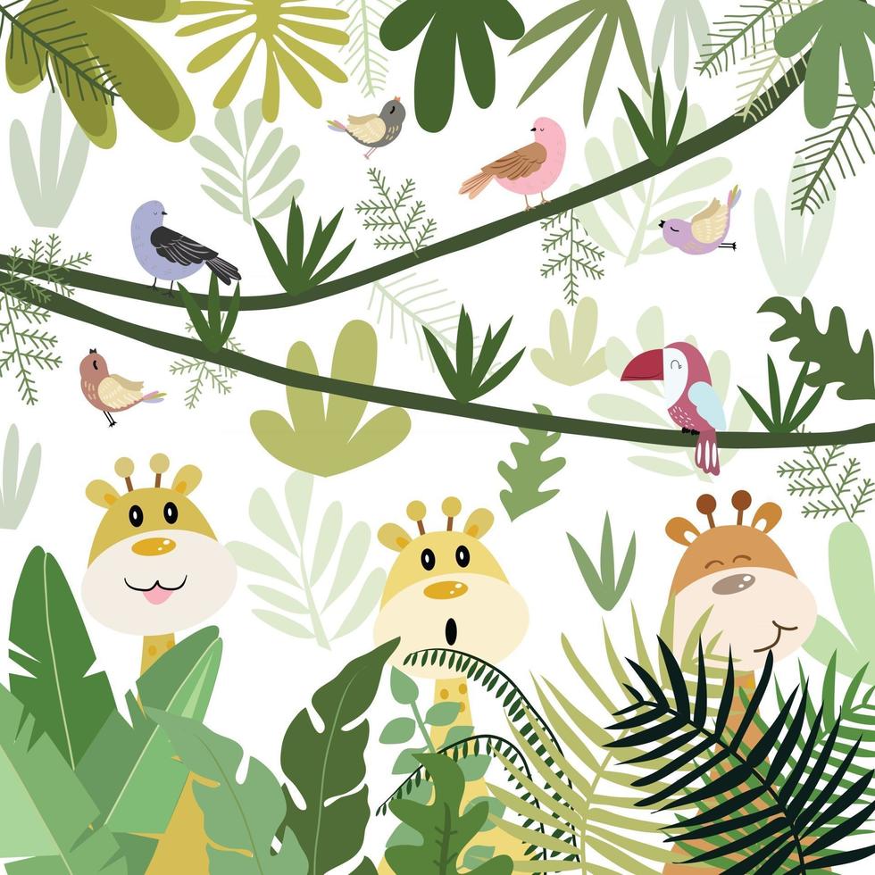 Cute giraffe having fun in botanical tropical forest vector