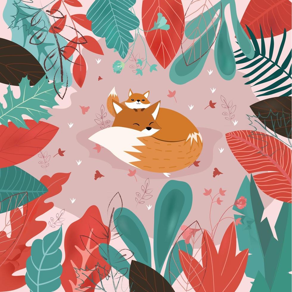 Cute mom and baby wolf fox in leaf frame vector
