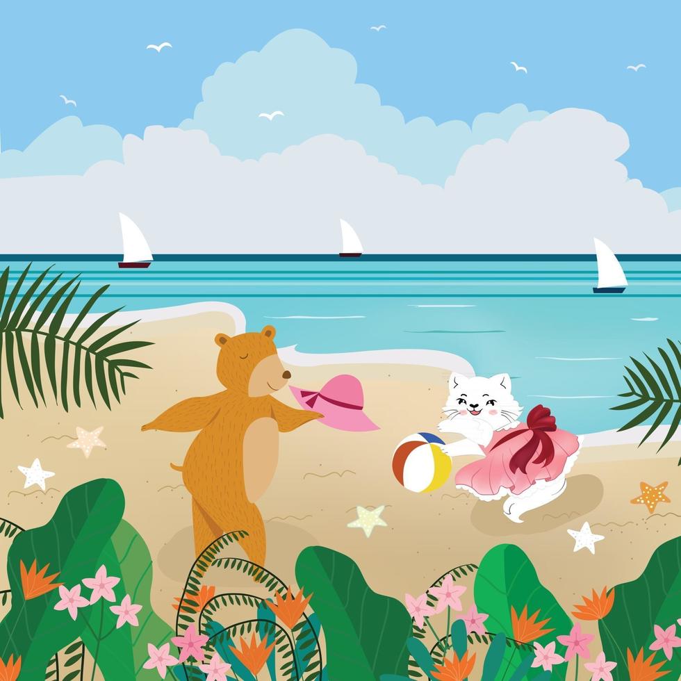 Cute teddy bear and kitty cat having fun on summer  beach vector