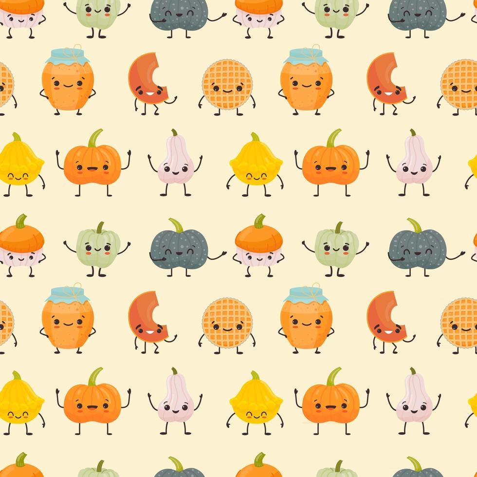 Seamless pattern with Cute different pumpkins kawaii character vector