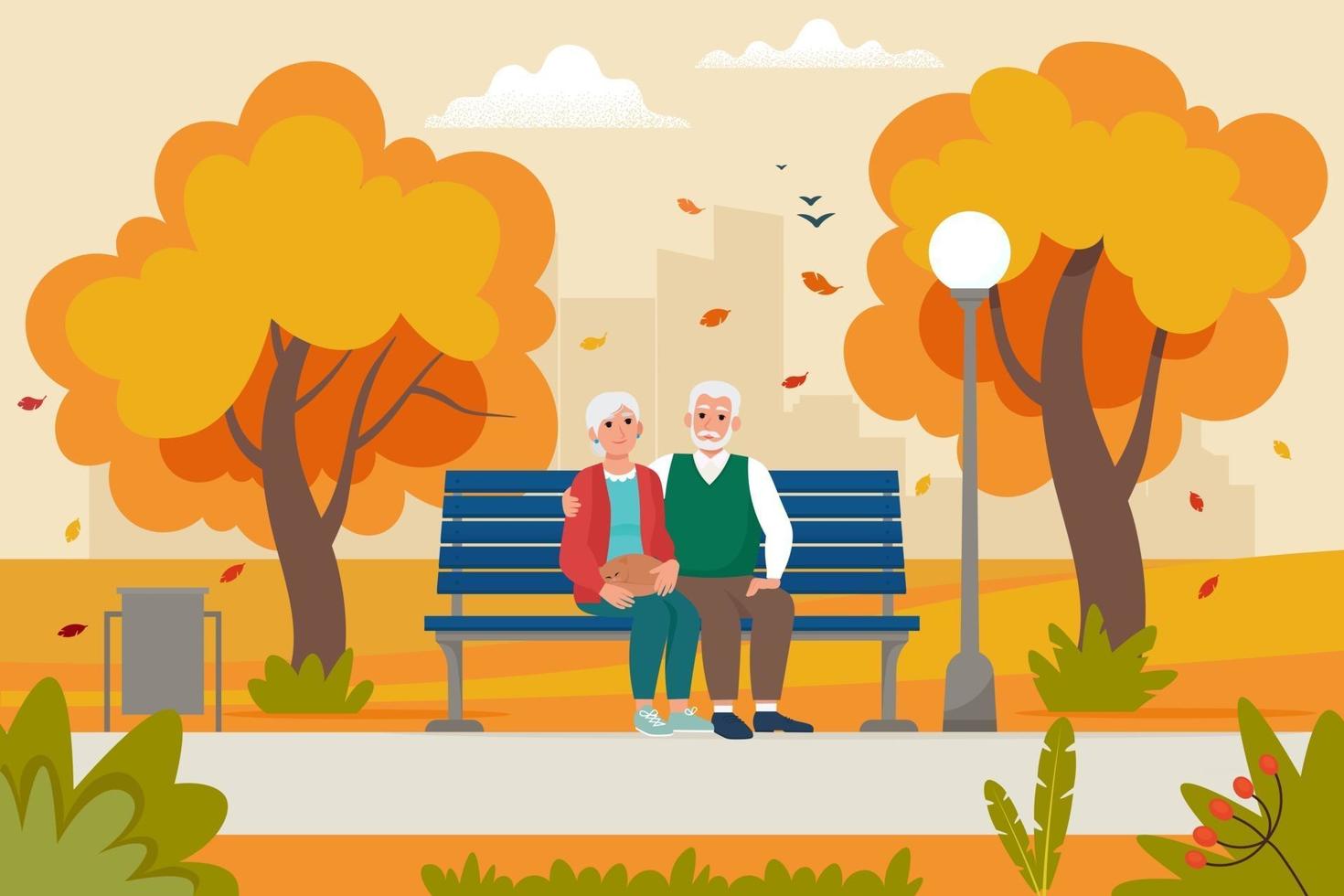 elderly couple sitting on the bench in park in fall. Vector