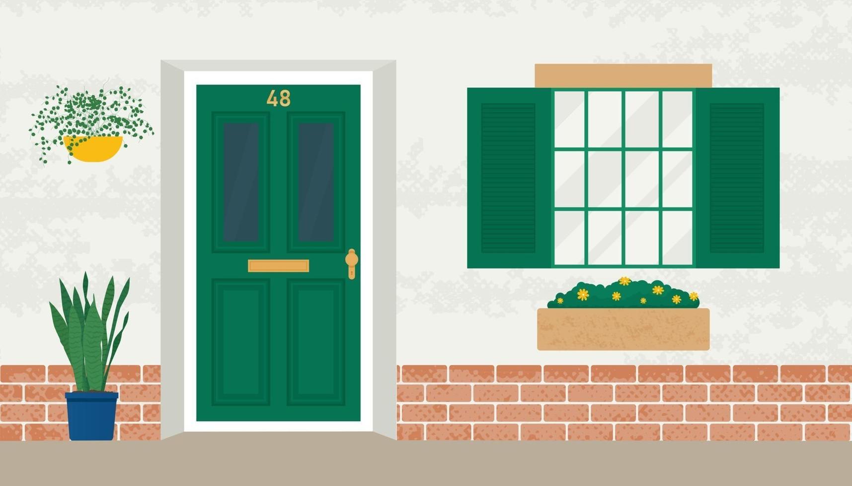 Home old exterior in with flowers in pots. vector illustration