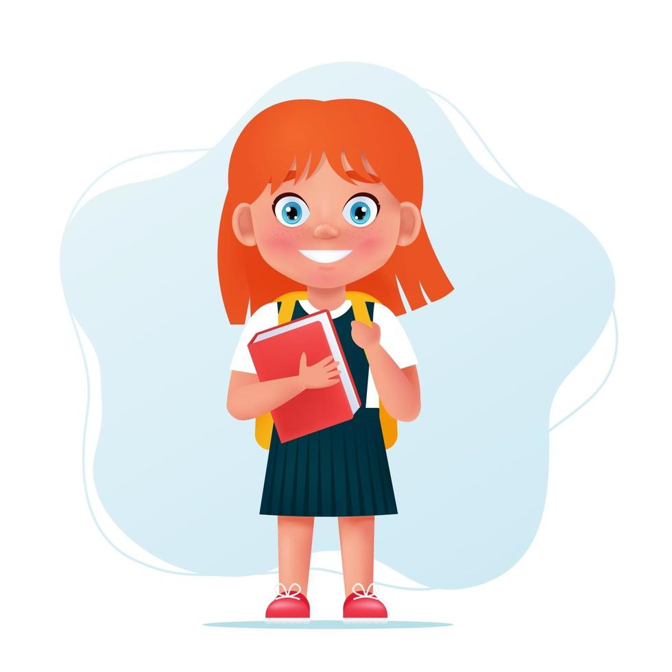 personaje de niña de la escuela en uniforme con libro y mochila. vector