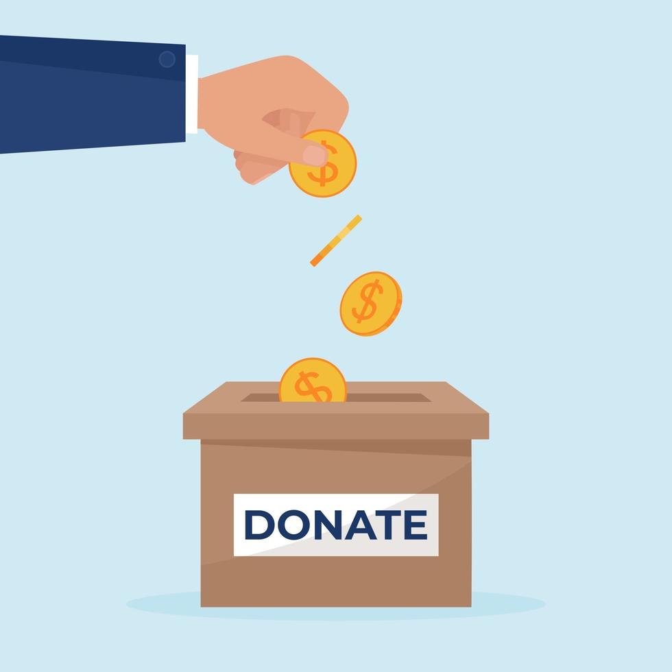 Hand putting coin in to the donation box. Donate concept. Charity vector