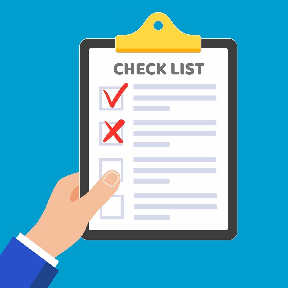 Hand hold claim form with check boxes, ticks, crosses. vector