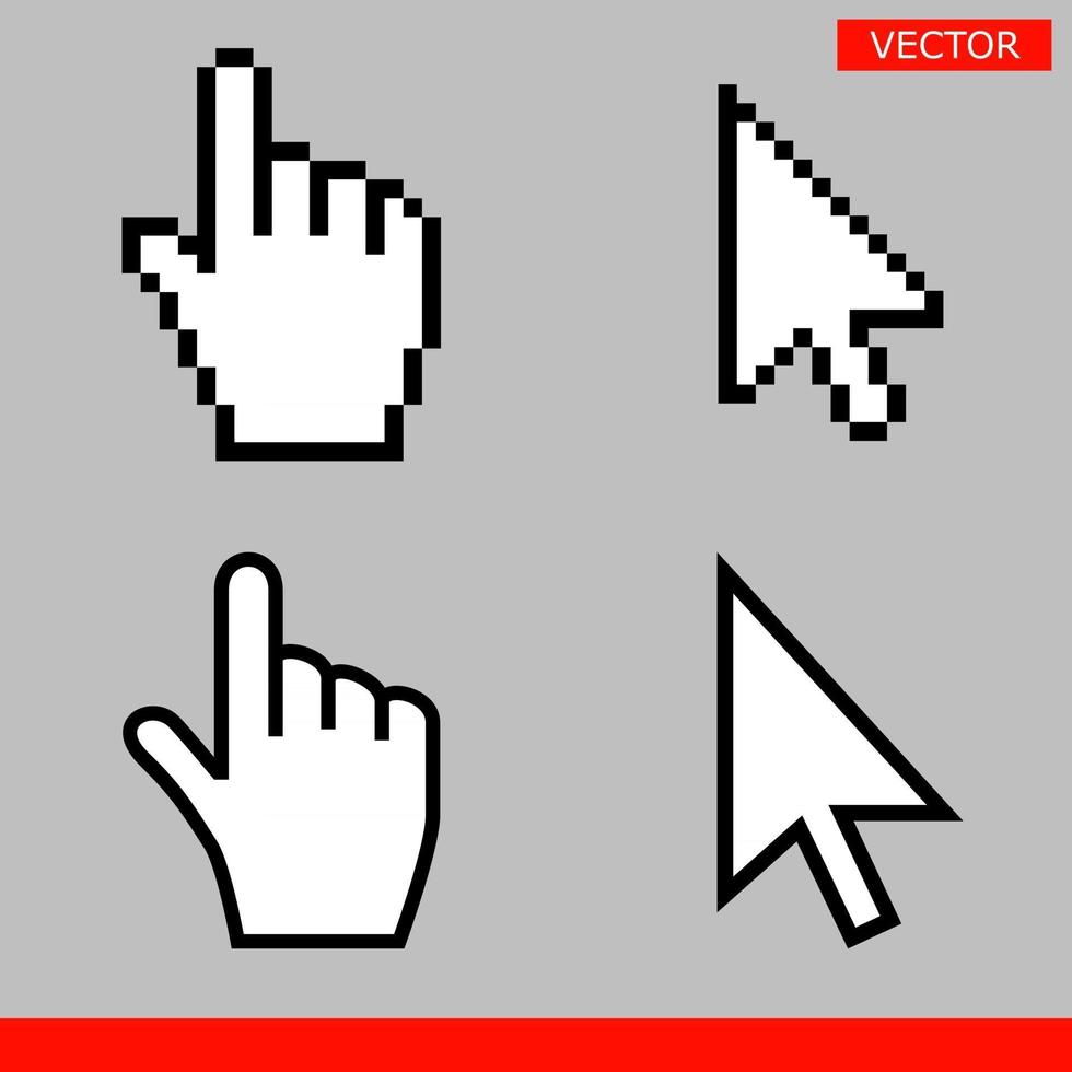 Flecha blanca y puntero de mano, cursores de píxeles, ilustración vectorial vector