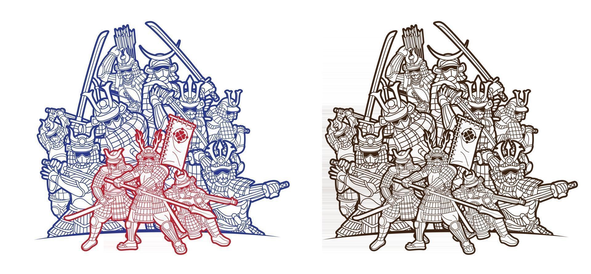 Outline Group of Samurai Warrior Ready to Fight vector