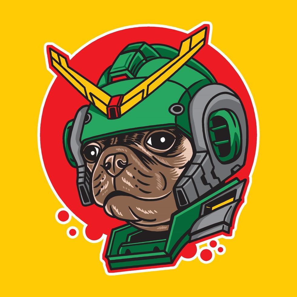 Pug dog head vector illustration with cyberpunk robot style isolated