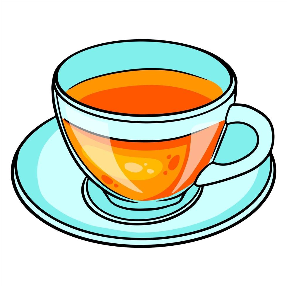 desayuno. una taza de té caliente en una taza de vidrio y en un platillo de vidrio. vector