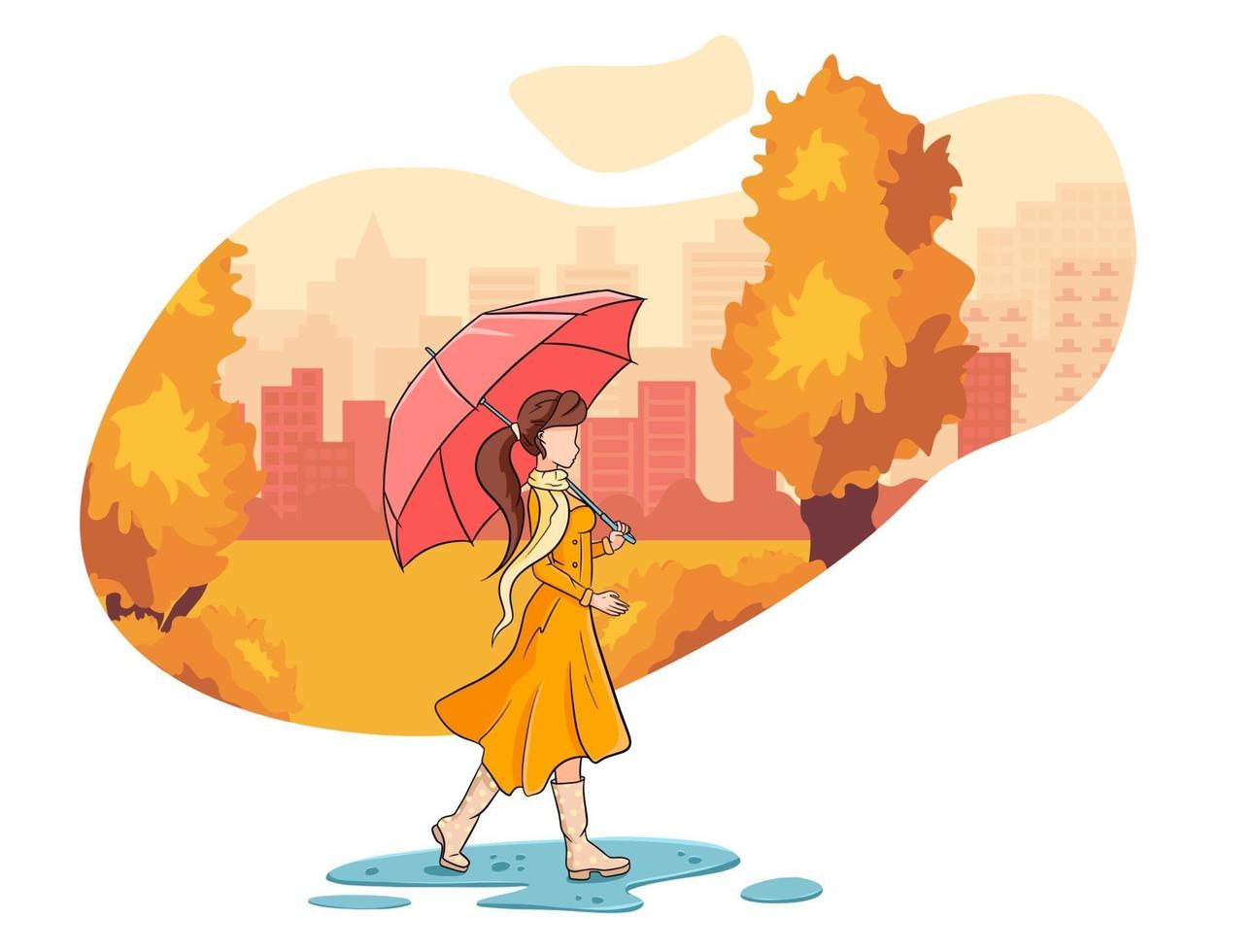una niña con un paraguas camina por el parque de otoño. vector
