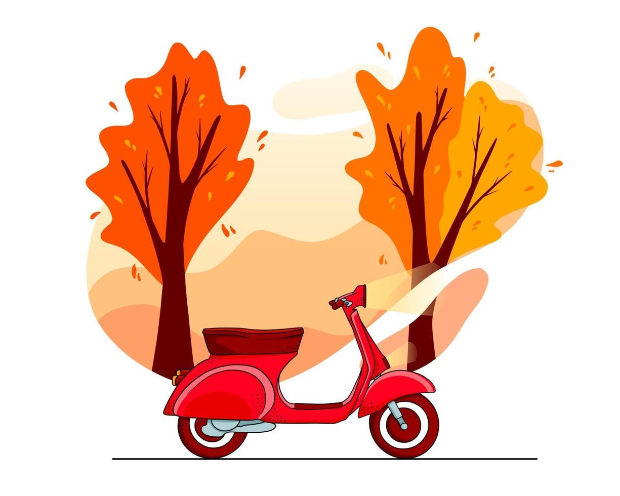 fondo de otoño. árboles del parque de otoño, scooter rojo. estilo de dibujos animados. vector