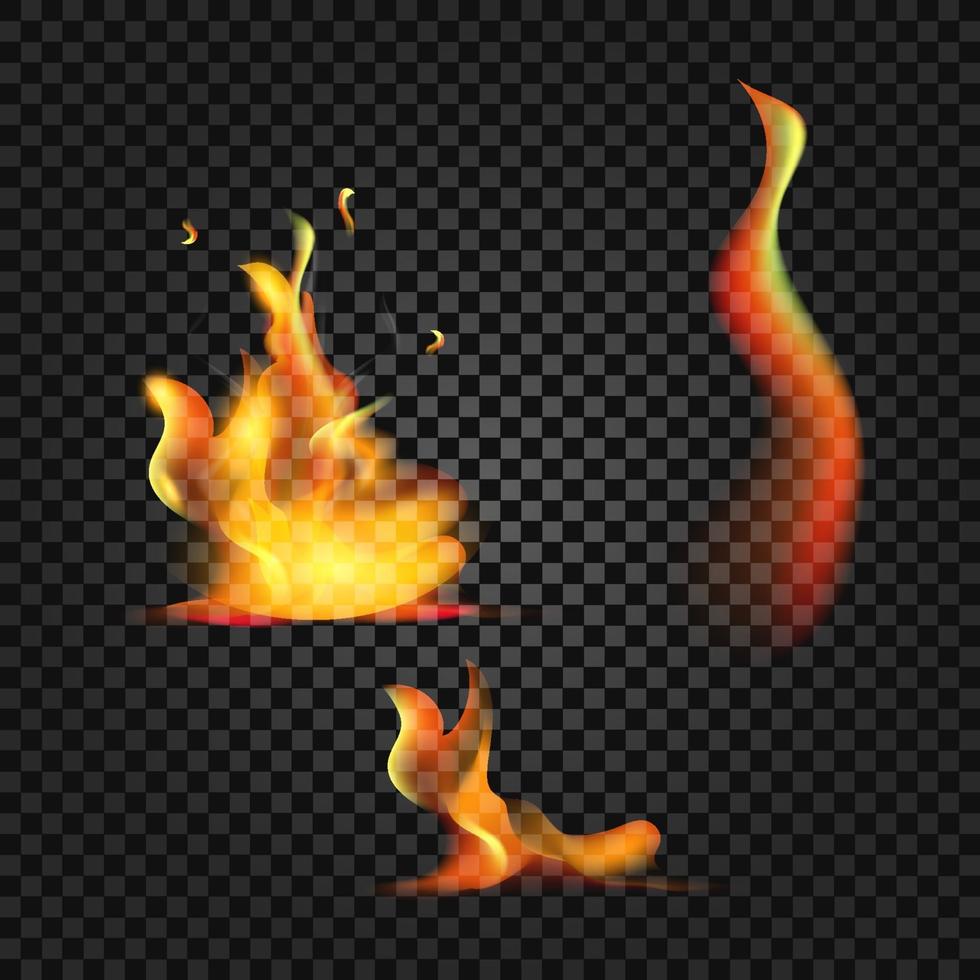 Realistic burning fire flames with shiny bright elements. vector