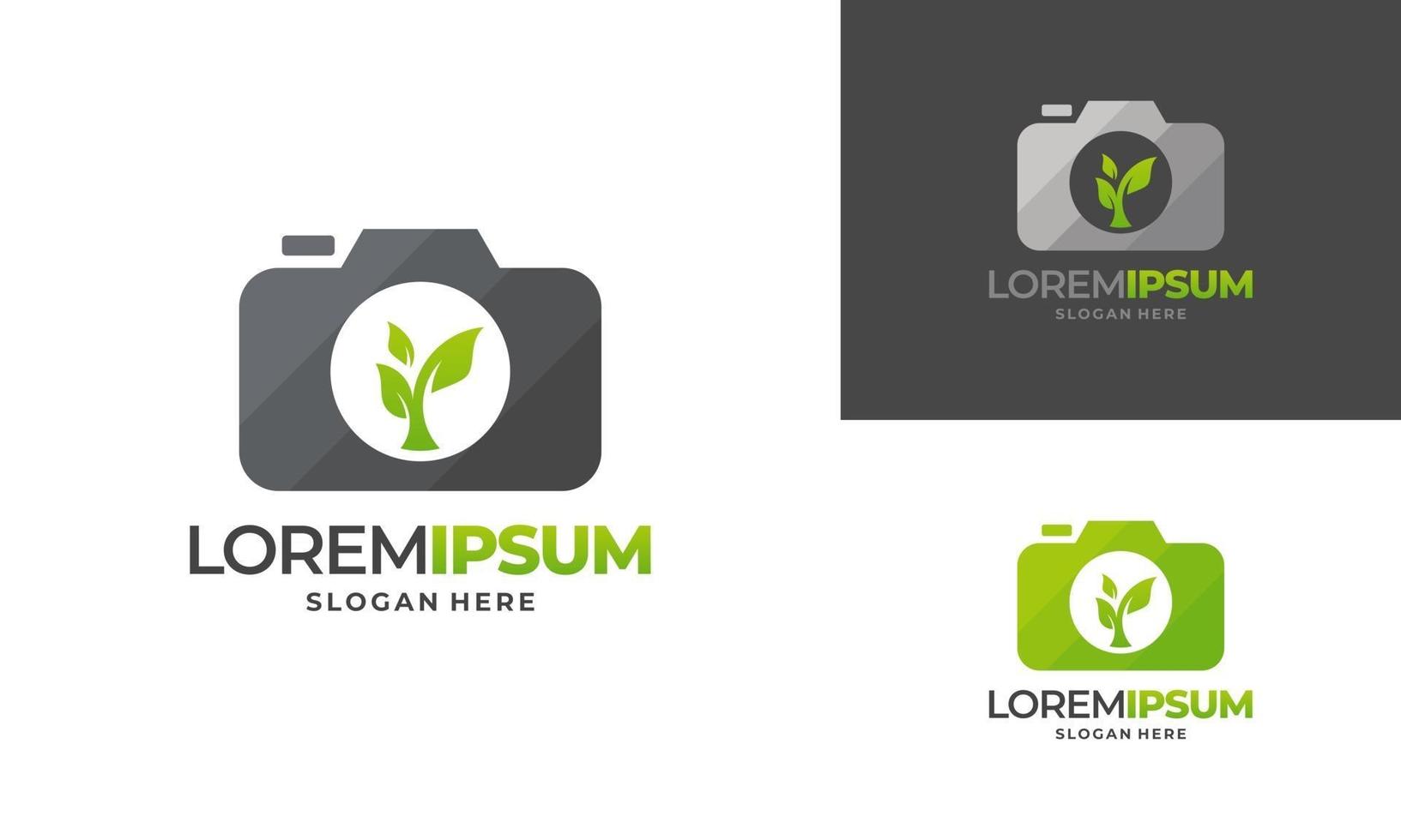 diseño de logotipo de fotografía de naturaleza vector de concepto, logotipo de hoja y cámara