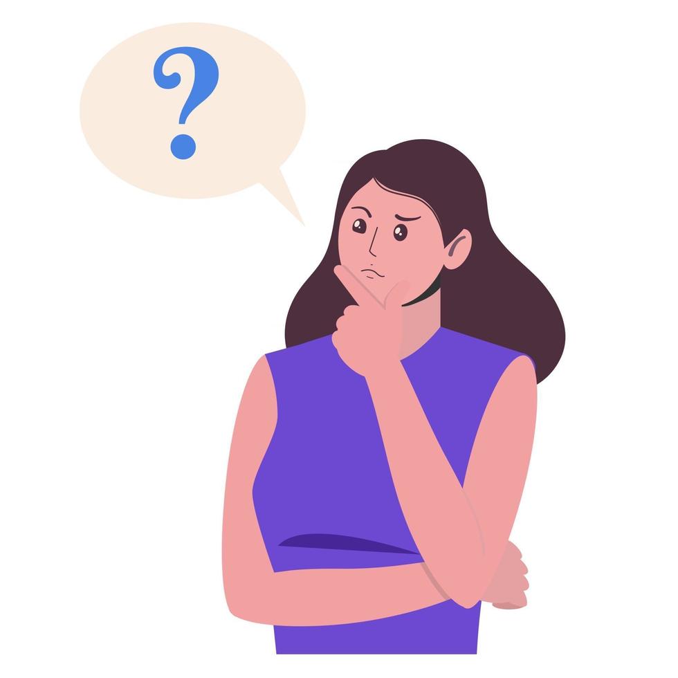 Cartoon young woman thinking with question mark in speach bubble. vector
