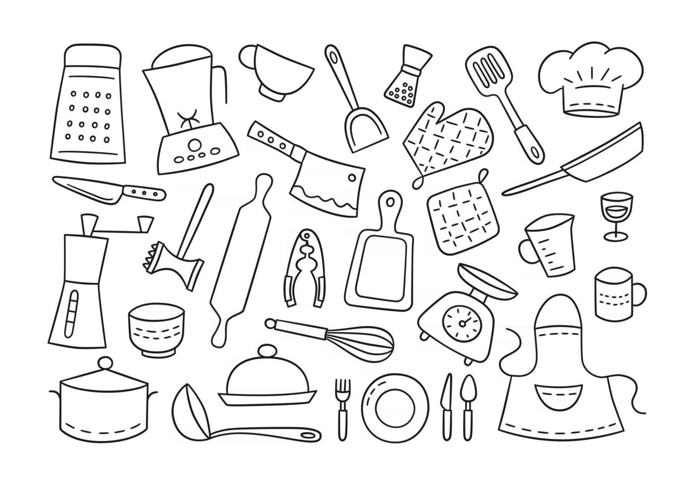 Kitchen tools and tableware. Cook. Hand drawn set of elements vector