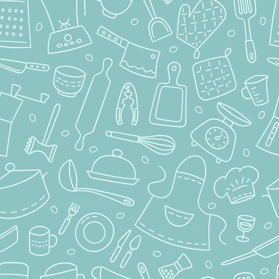 Kitchen tools and tableware. Cook. Seamless pattern. Hand drawn vector