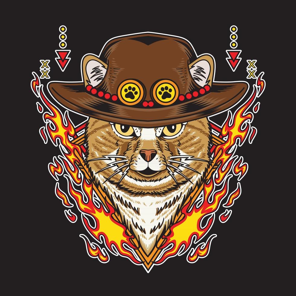 Cat wearing straw hat and have fire element vector illustration