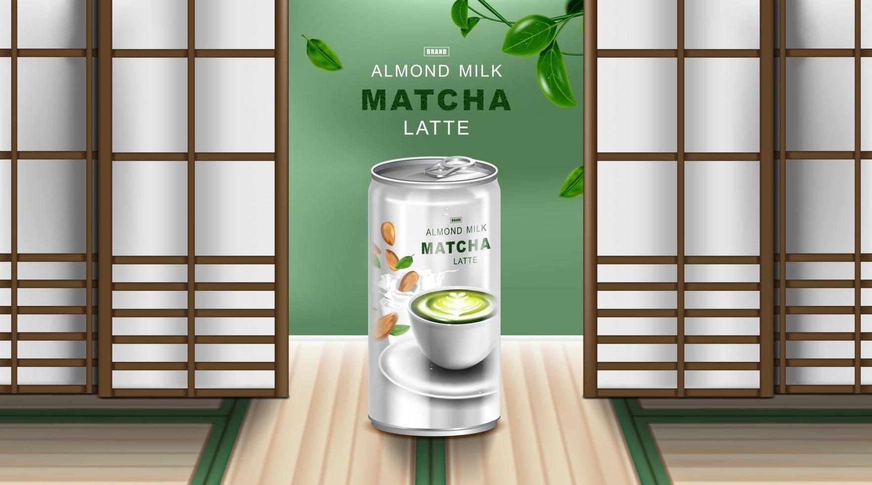 Green tea latte and almond milk in aluminium can. vector