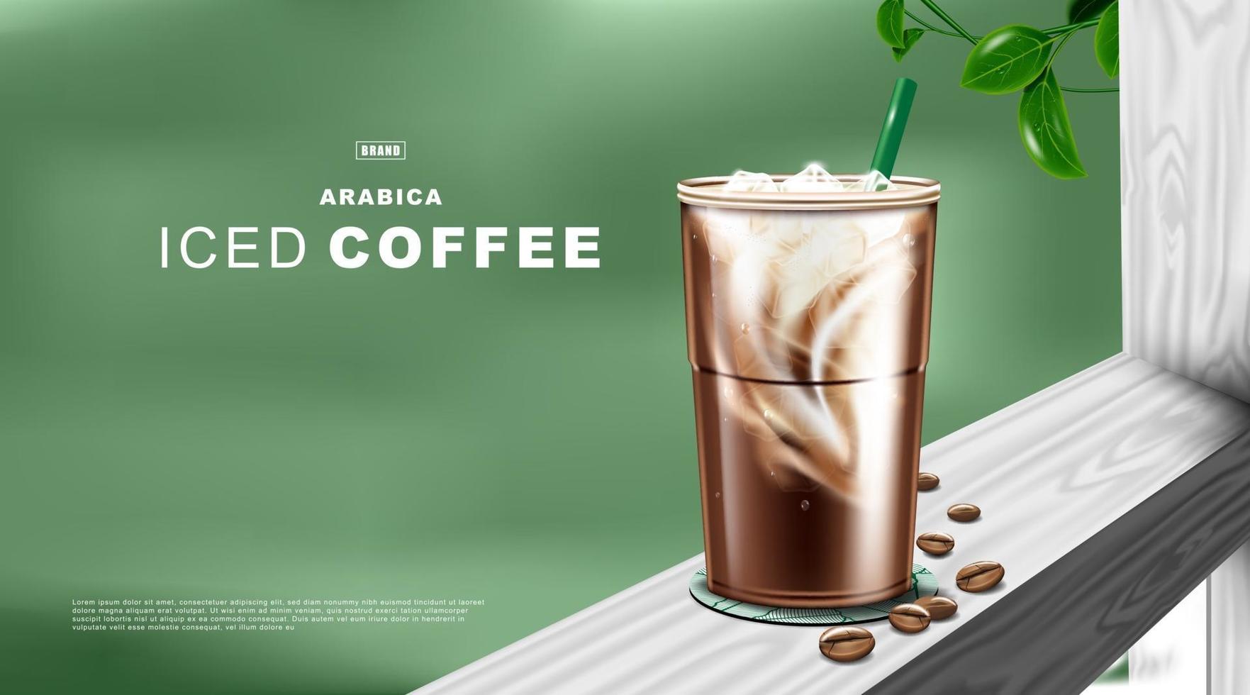 Iced coffee latte in plastic cup on natural green color background. vector