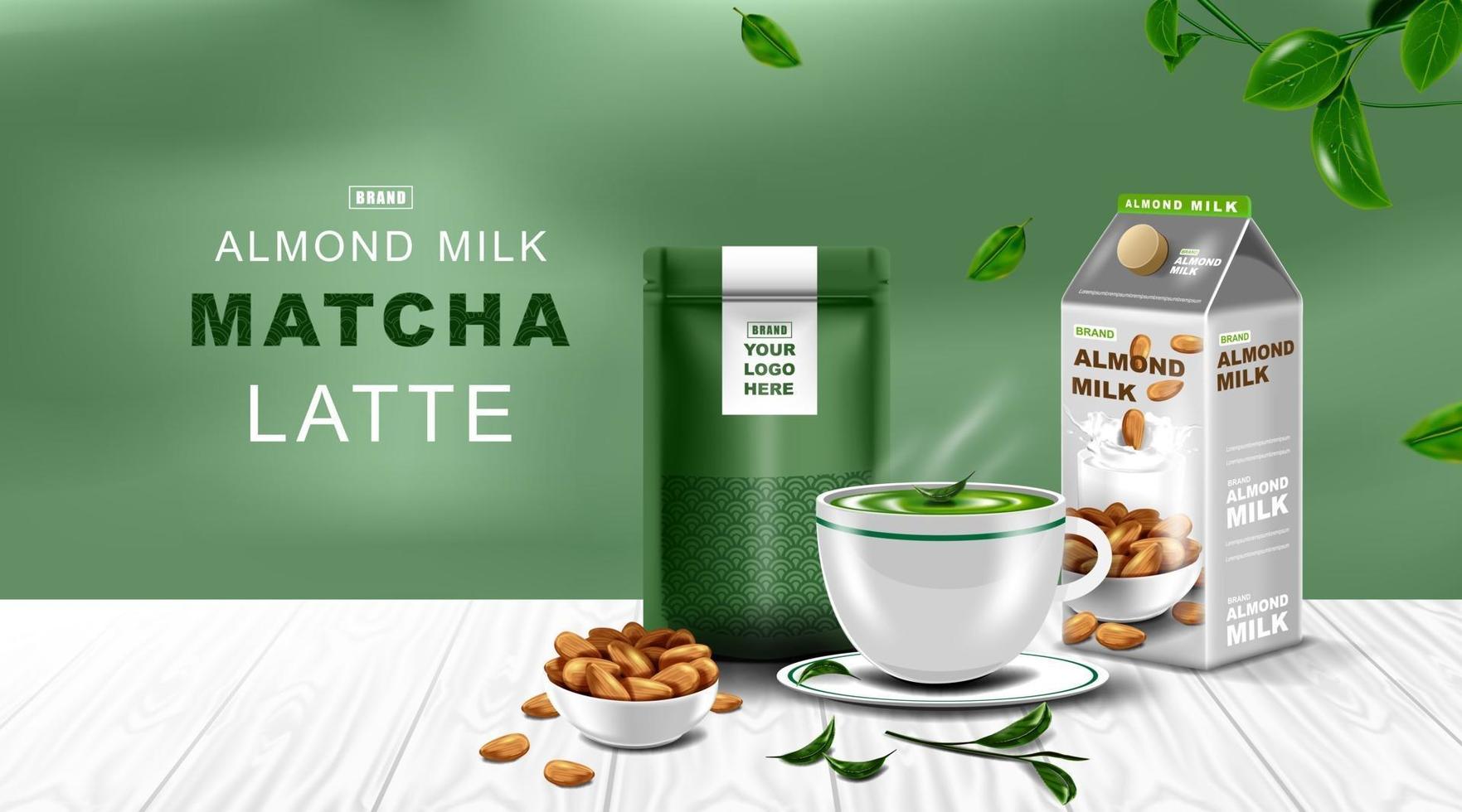 bolsa de papel kraft con cierre hermético con té verde y leche de almendras. vector