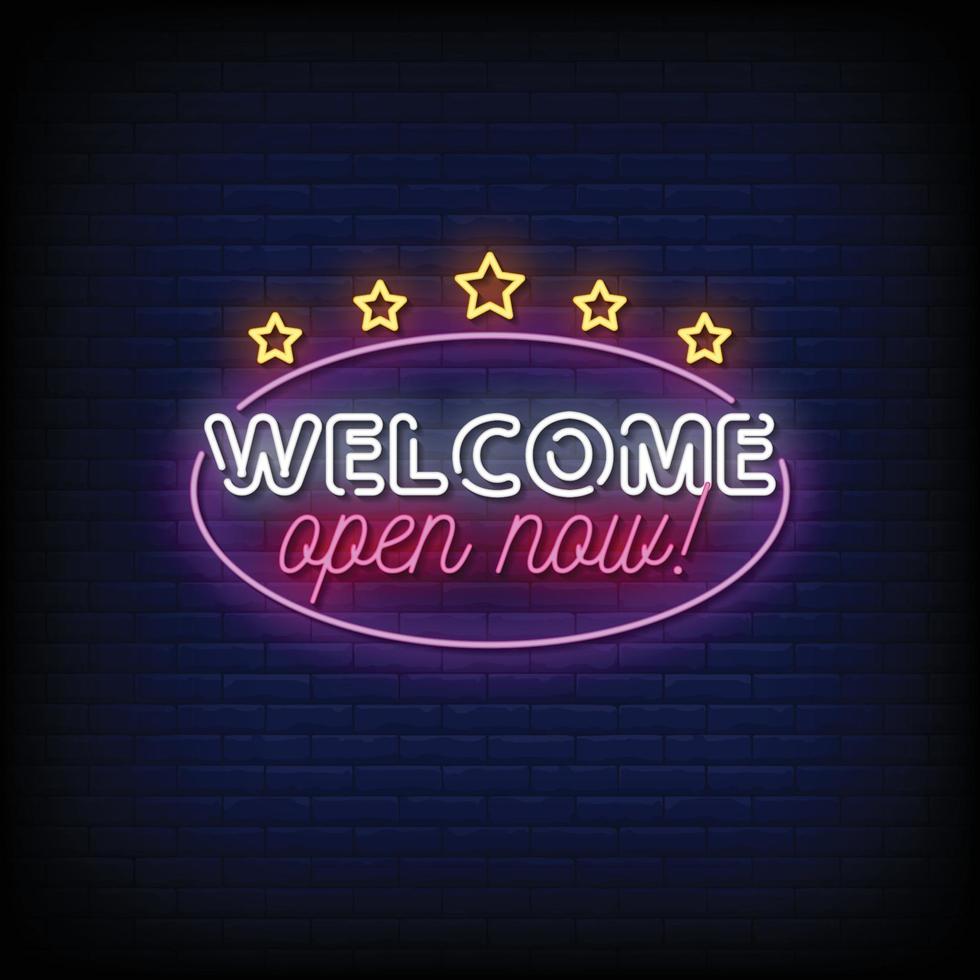 Welcome Open Now Neon Signboard On Brick Wall vector