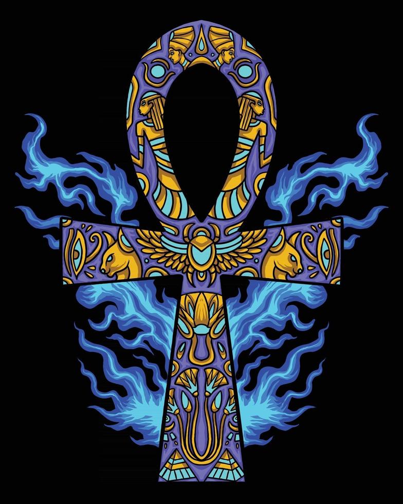 logotipo de fuego azul dorado ankh egipcio vector