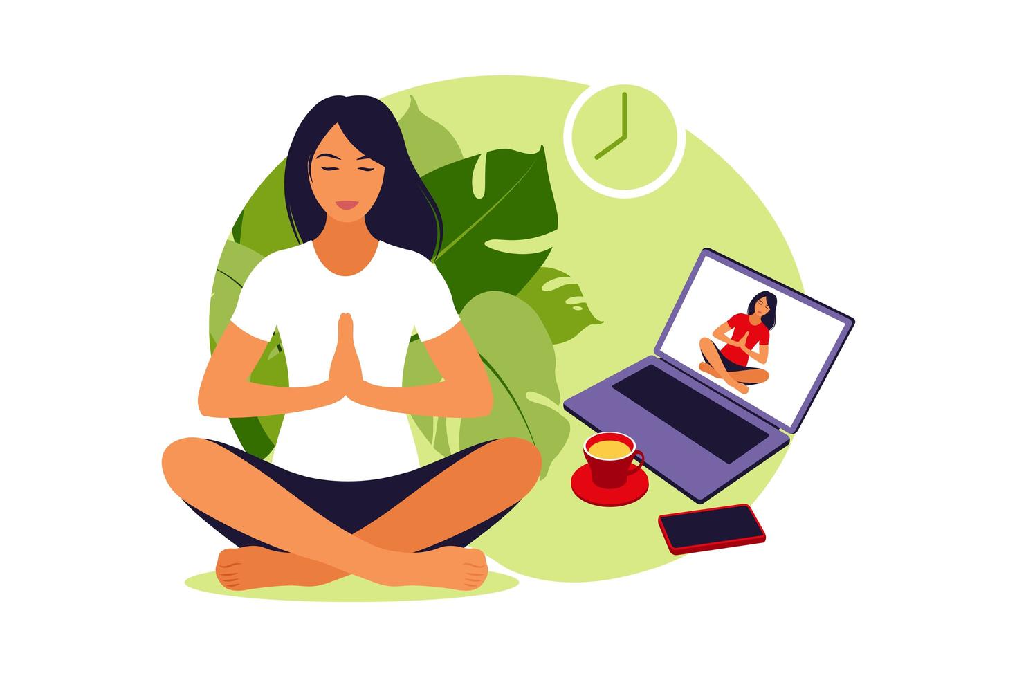 Girl watching online classes on laptop, practicing yoga, meditation. vector