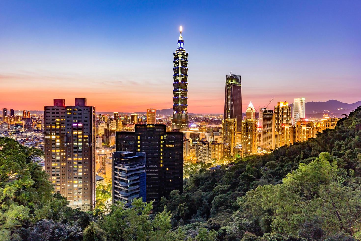 Taiwan city skyline at sunset from top of Elephant Mountain photo