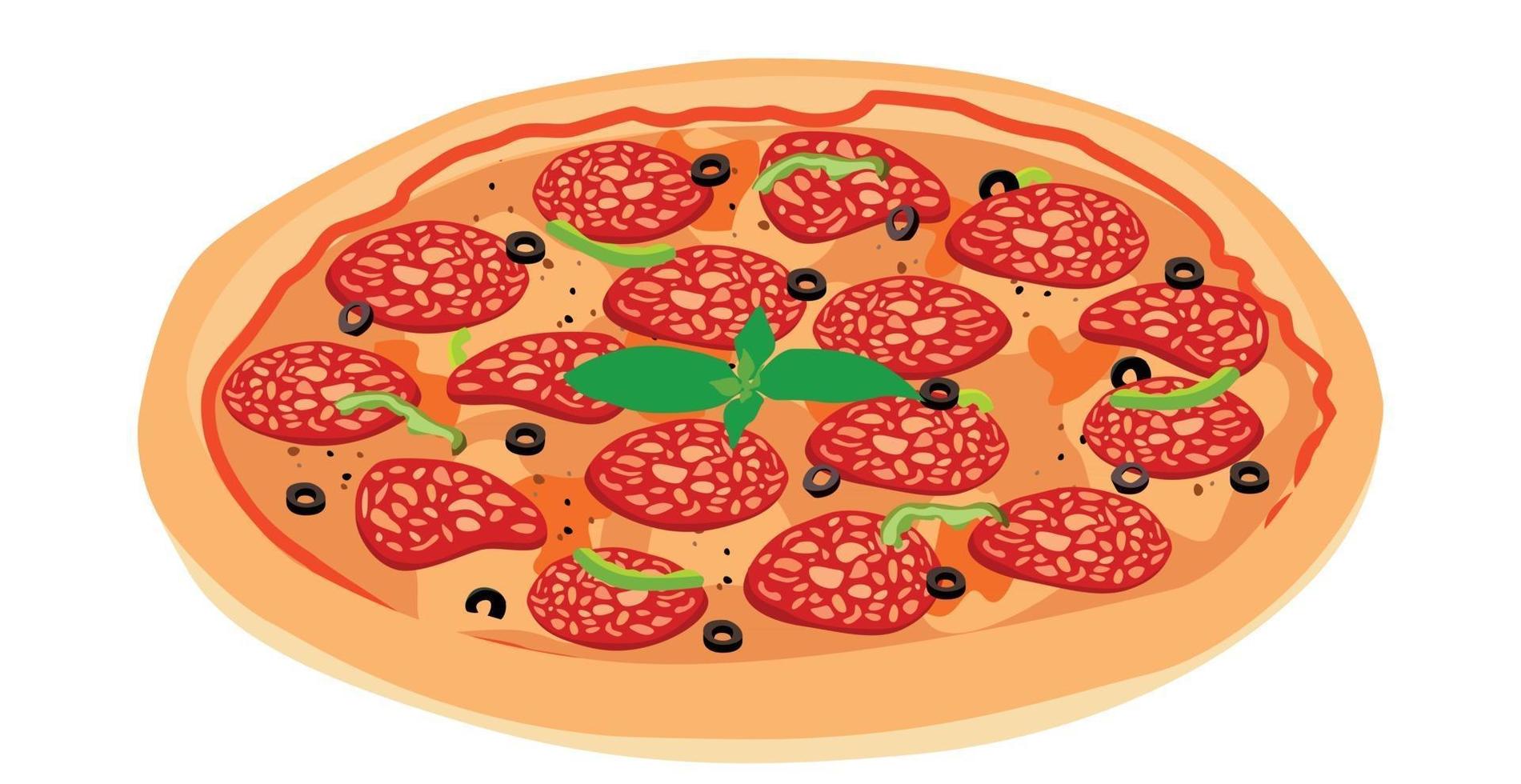 Pizza realista con pepperoni y diferentes tipos de salsas. vector