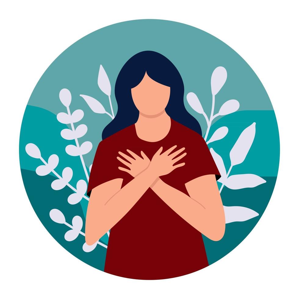 woman hugs. Love yourself overcome personal psychological problems vector