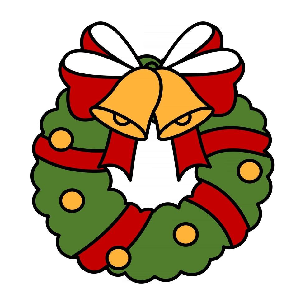 Christmas green wreath with red bow and balls, bells. vector